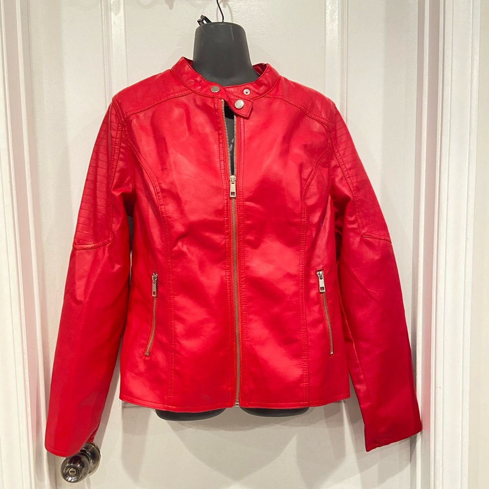 Outer Edge red faux leather bike jacket